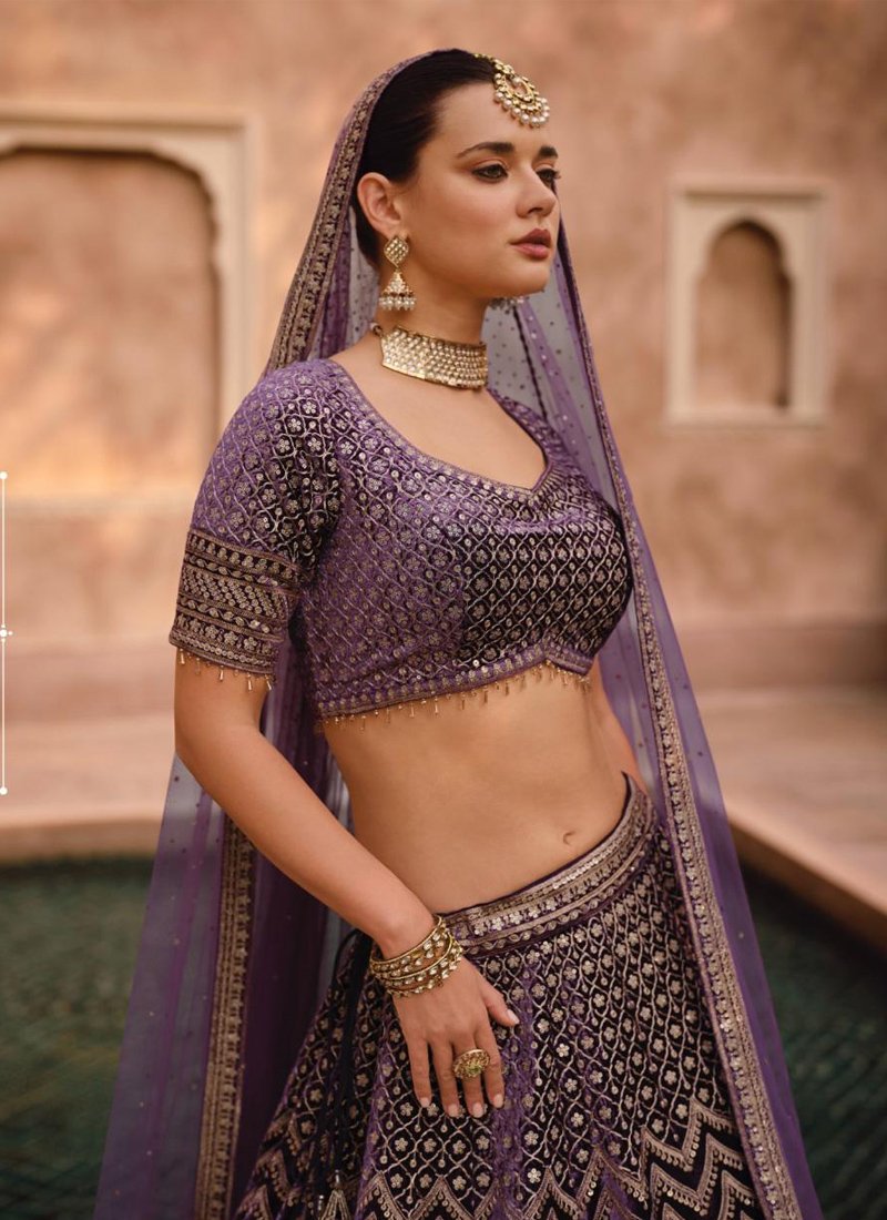 Designer hand-embroidered pure viscose lehenga in dark purple