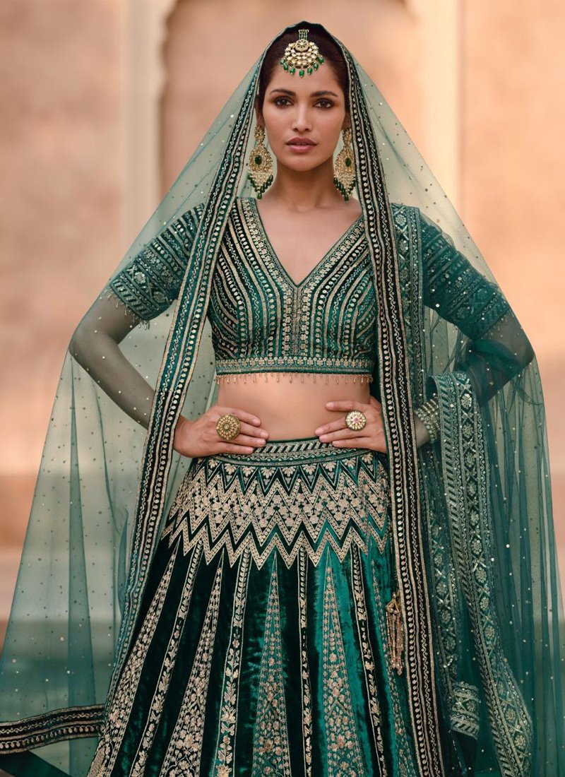 Designer hand-embroidered pure viscose lehenga in dark green