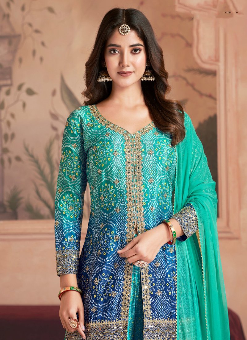 Stylish bandhani printed chinon sharara suit in blue