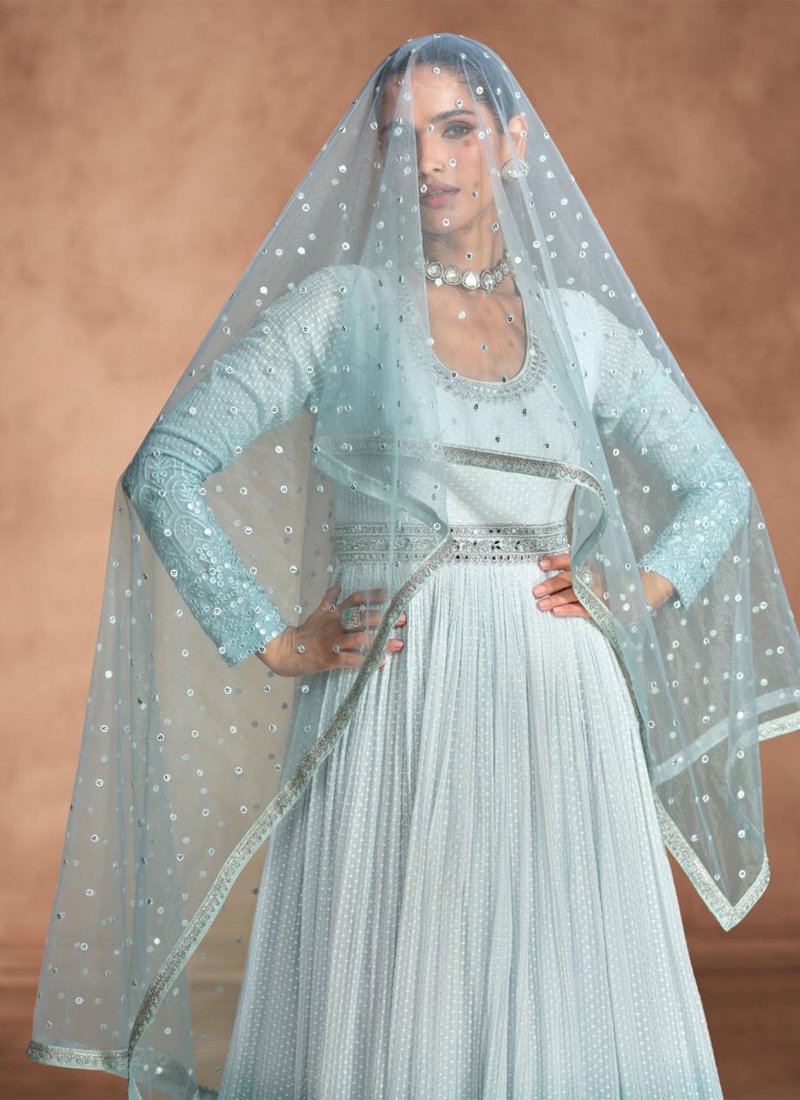 Designer heavy chikankari embroidered Anarkali suit in sky blue