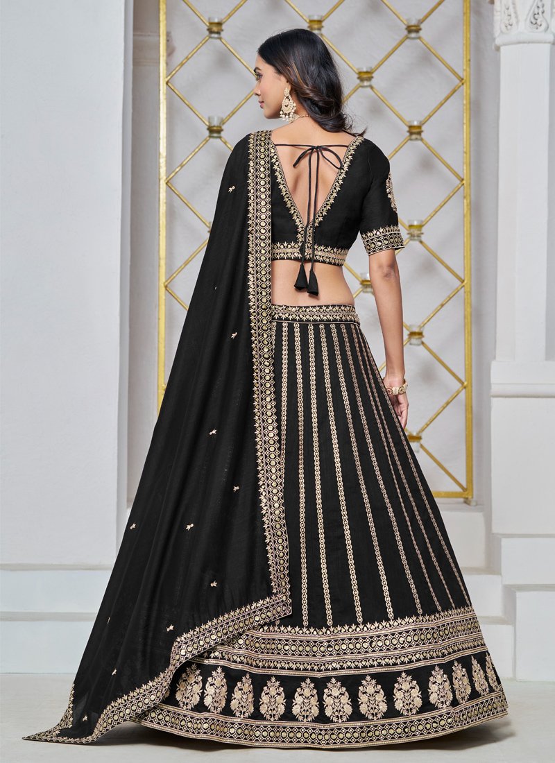 Premium golden thread embroidered art silk lehenga in black