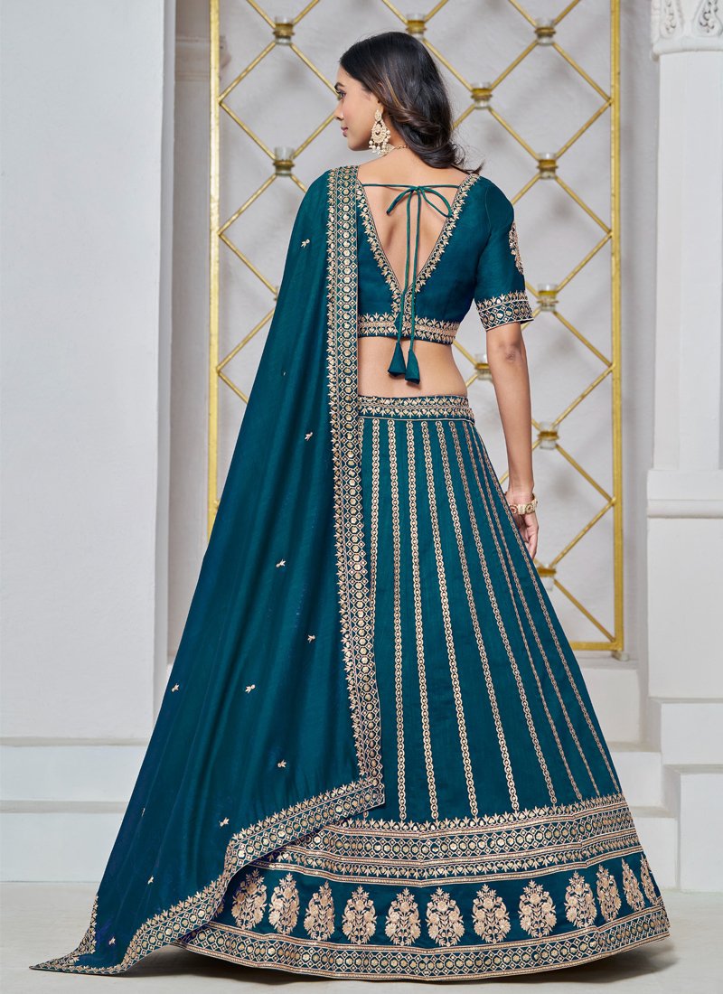 Premium golden thread embroidered art silk lehenga in light blue