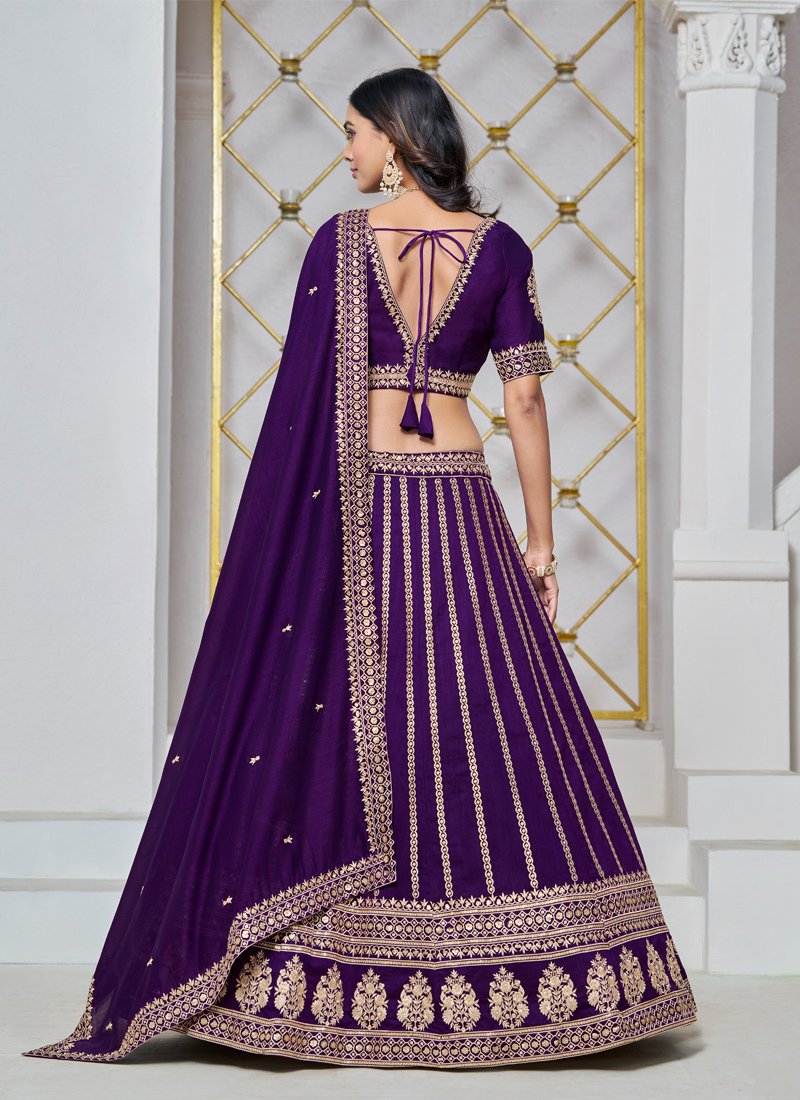 Premium golden thread embroidered art silk lehenga in purple