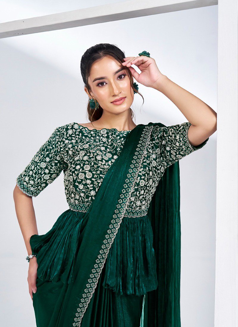 Designer hand embroidered satin silk saree in dark green