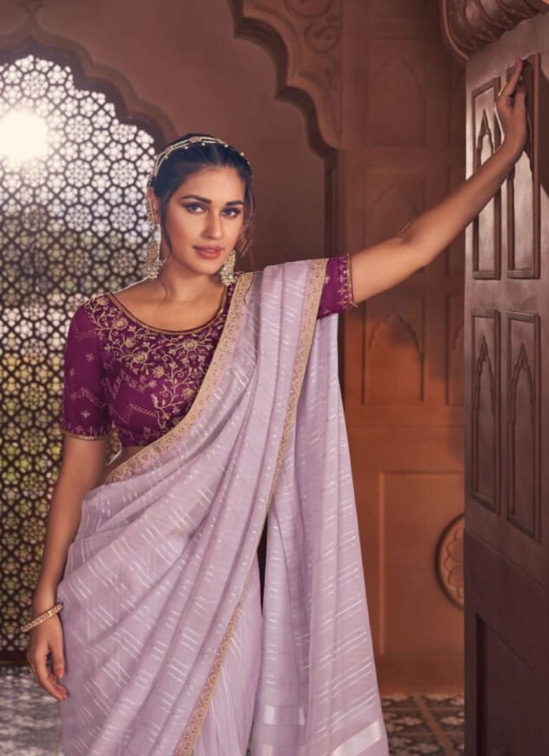 Stunning embroidered satin organza saree in light purple