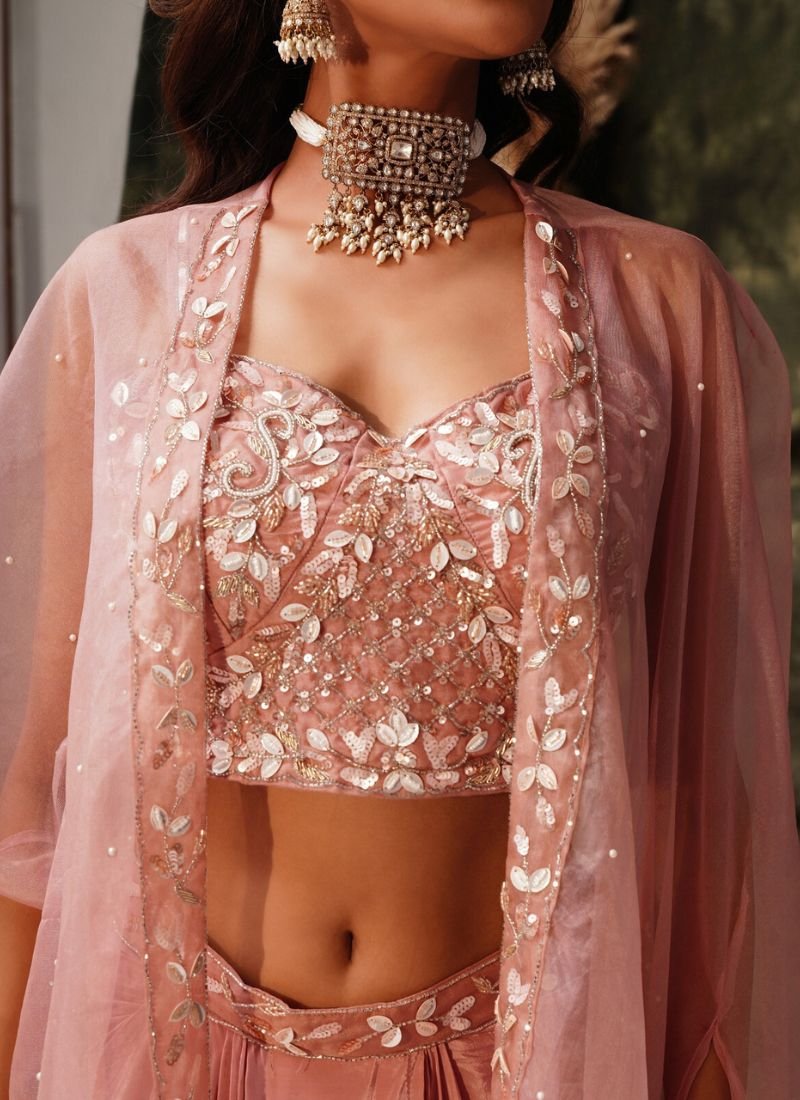 Stunning hand embroidered pure satin crop top in baby pink