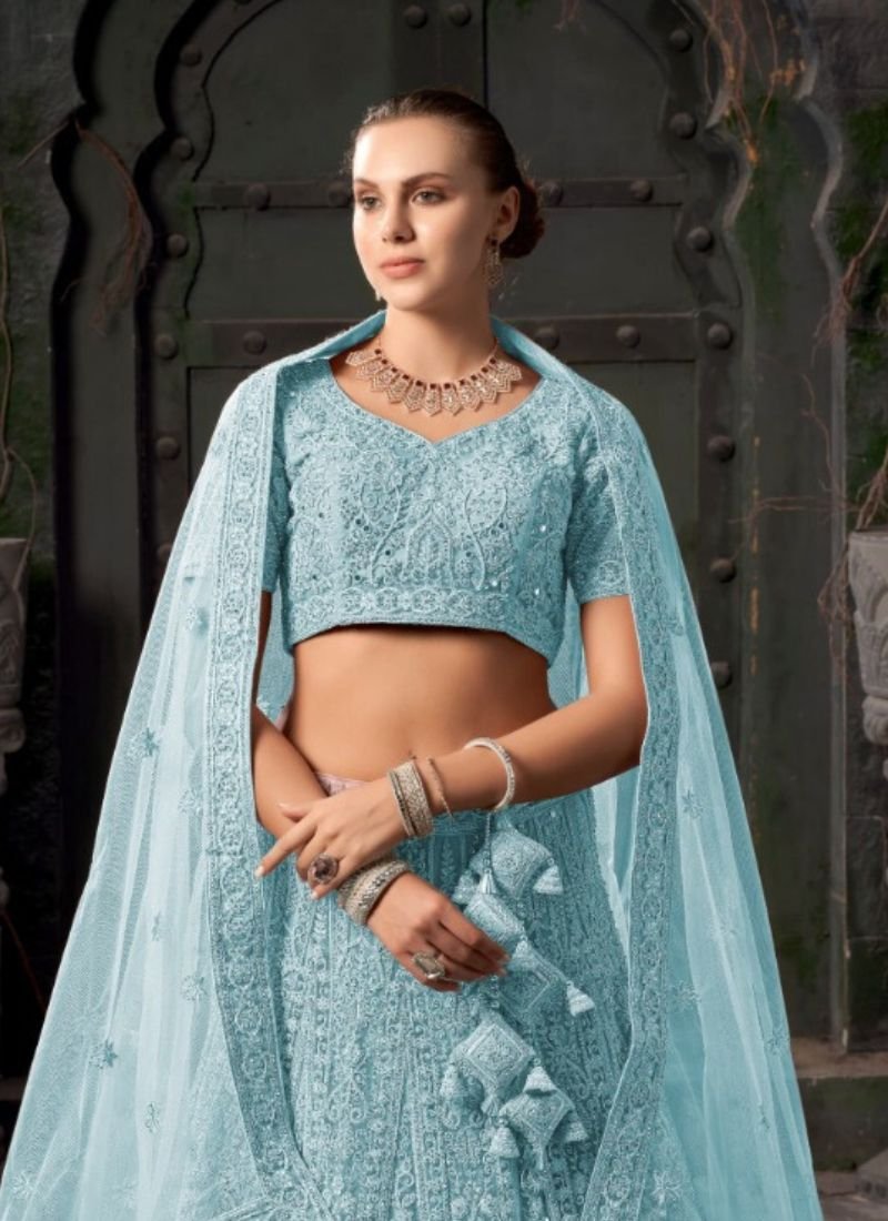 Premium heavy net zarkan embroidered lehenga in blue