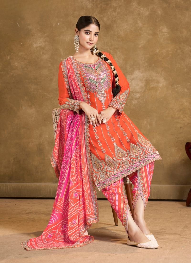 Premium hand mirror embroidered chinon salwar suit in orange