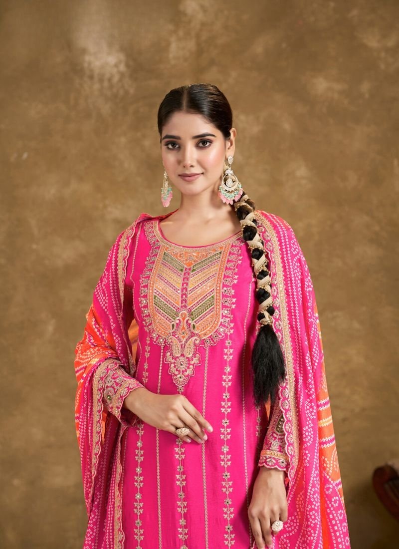 Premium hand mirror embroidered chinon salwar suit in pink