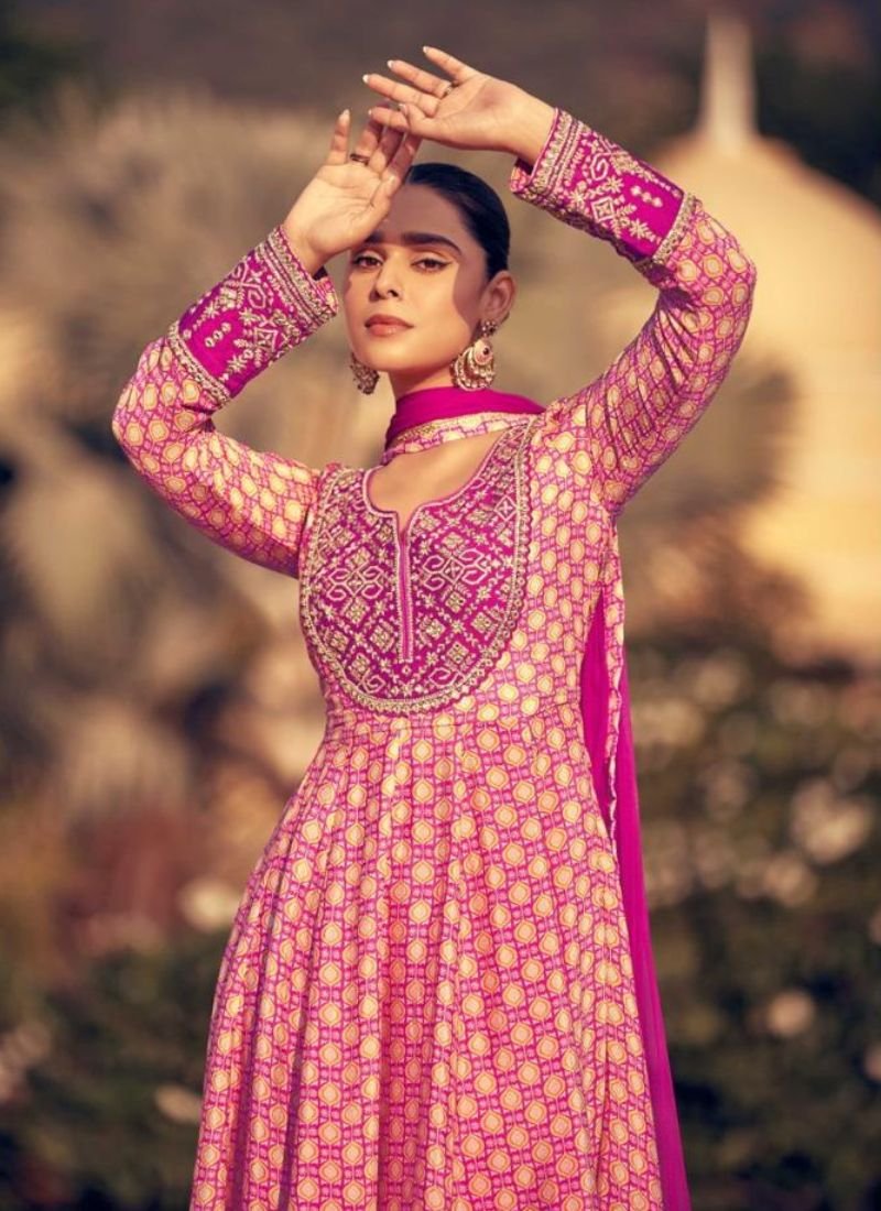 Stylish embroidered chinon silk Anarkali suit in red