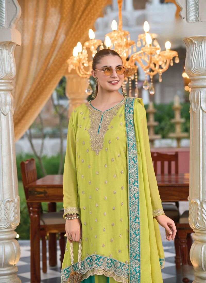 Trendy heavy thread embroidered chinon silk palazzo suit in light green