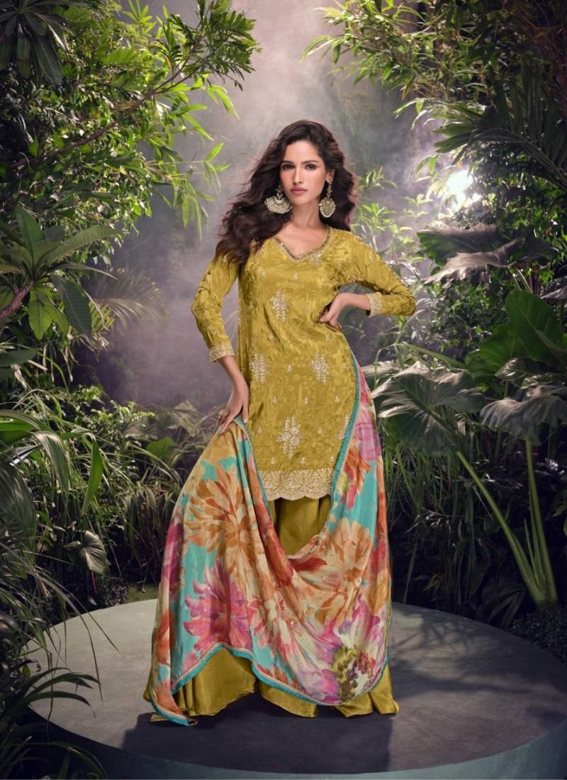 Beautiful digital printed chinon silk sharara suit in mustard