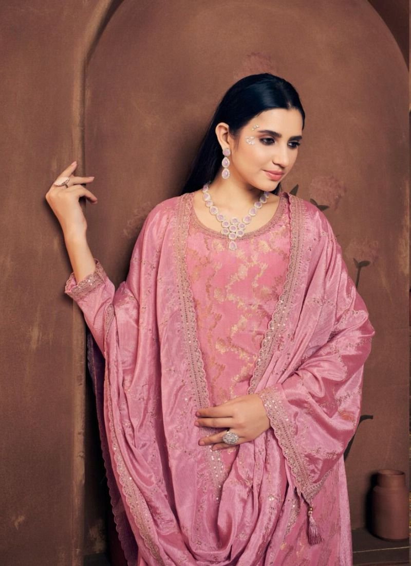 Trendy jacquard printing viscose chinon kurta palazzo suit in peach