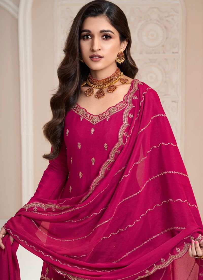 Beautiful jacquard floral embroidered chinon sharara suit in pink