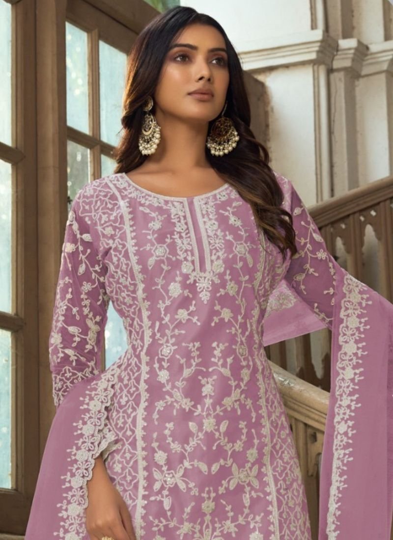 Beautiful heavy embroidered butterfly net kurta palazzo suit in light purple