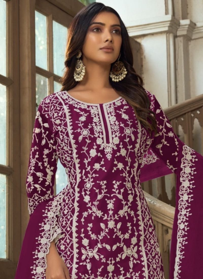 Beautiful heavy embroidered butterfly net kurta palazzo suit in dark purple