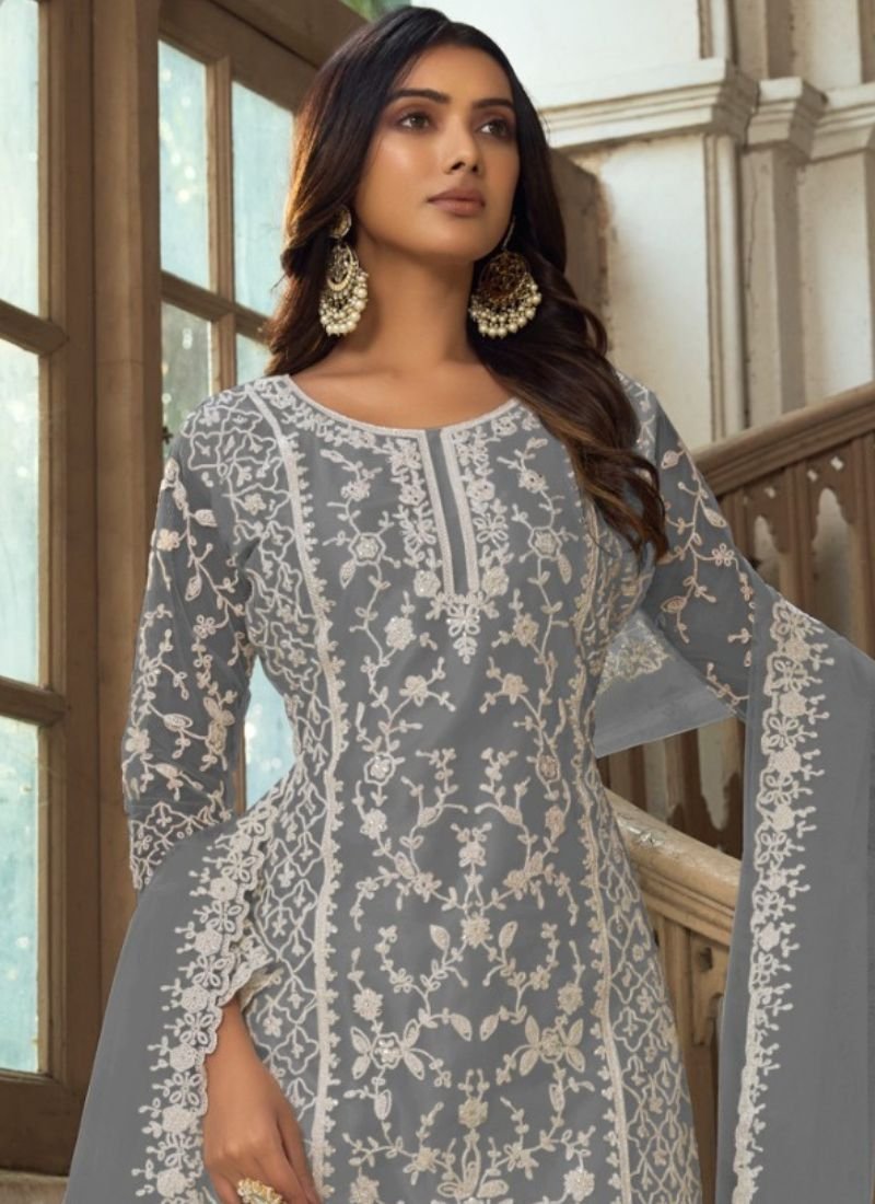 Beautiful heavy embroidered butterfly net kurta palazzo suit in grey