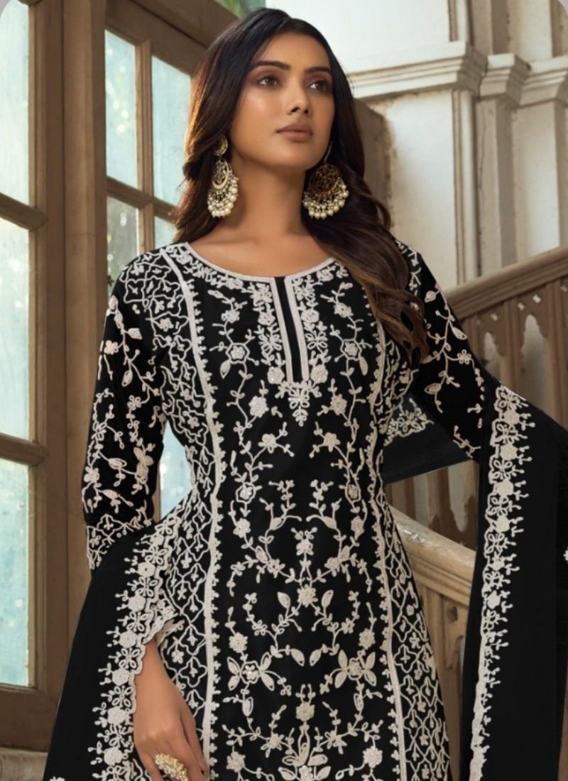 Beautiful heavy embroidered butterfly net kurta palazzo suit in black