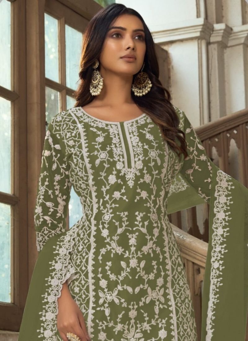 Beautiful heavy embroidered butterfly net kurta palazzo suit in olive green