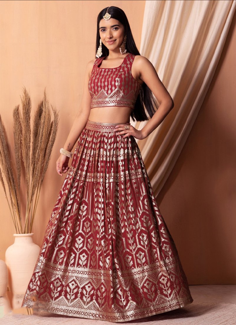 Beautiful thread embroidered georgette lehenga in brown