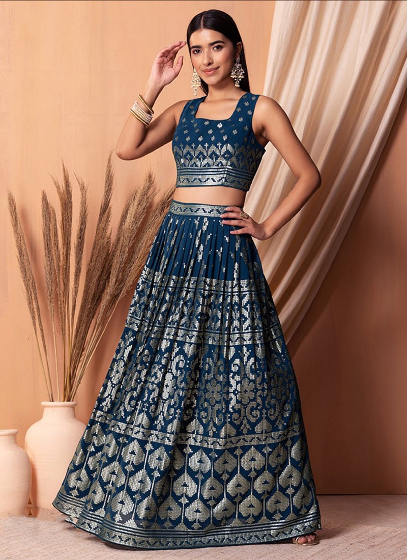 Beautiful thread embroidered georgette lehenga in dark blue