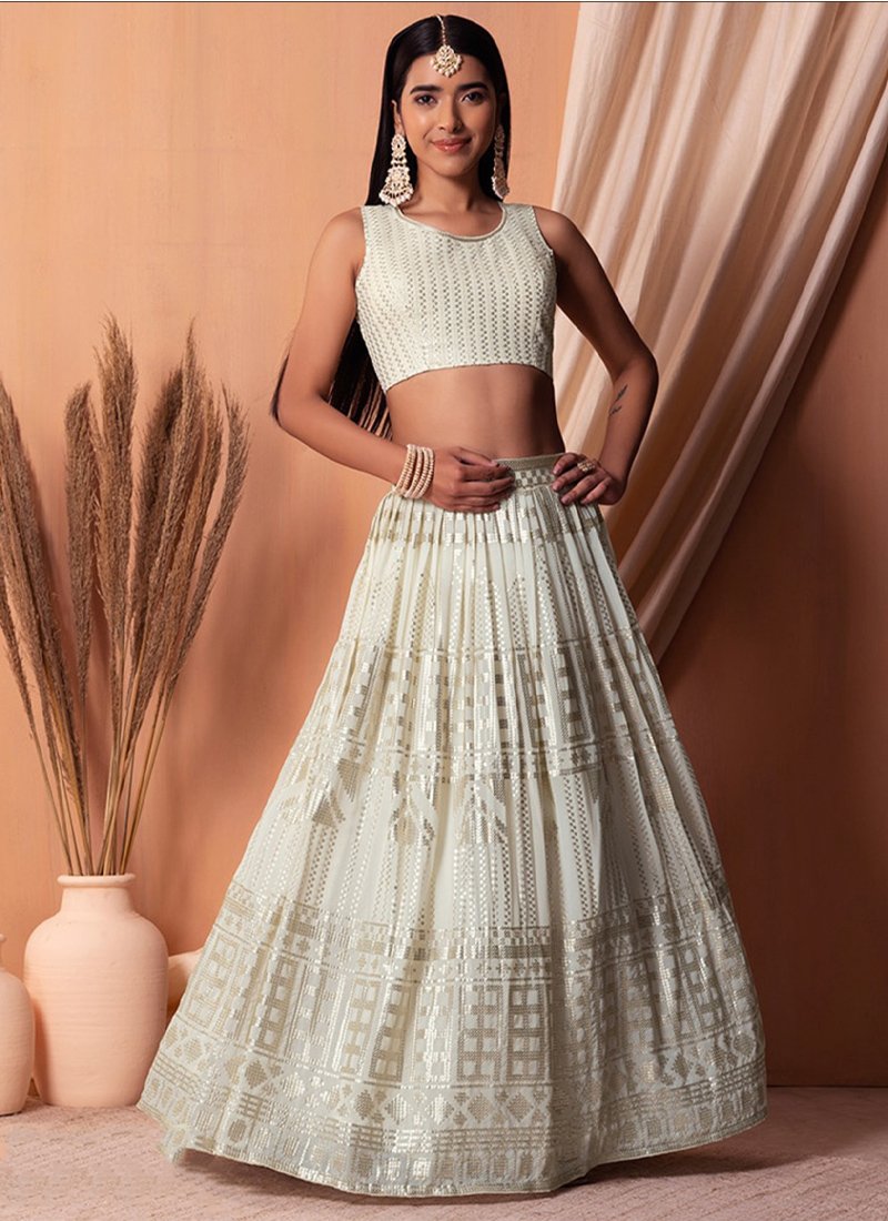 Beautiful thread embroidered georgette lehenga in cream