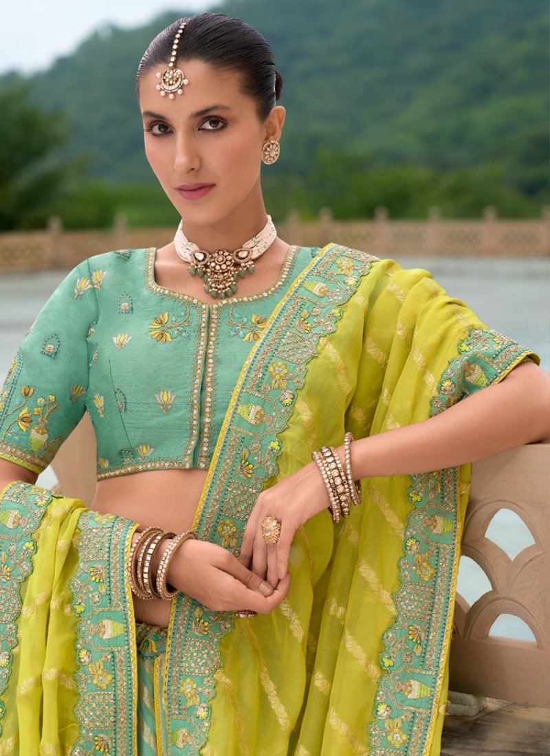 Beautiful printed embroidered silk lehenga in pastel green