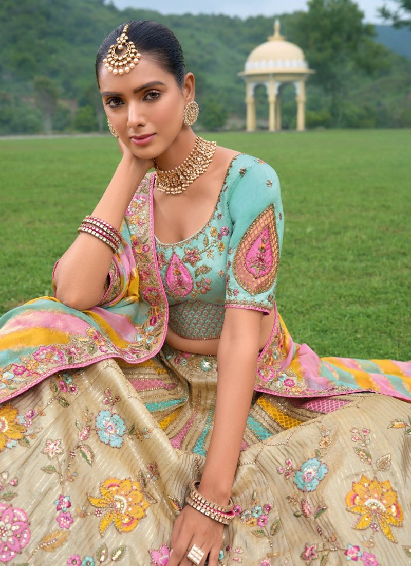 Beautiful printed embroidered silk lehenga in cream