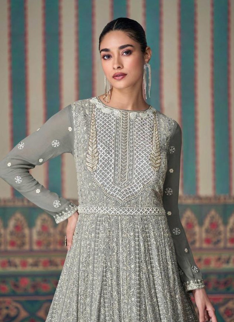 Beautifully embroidered real georgette gown in grey