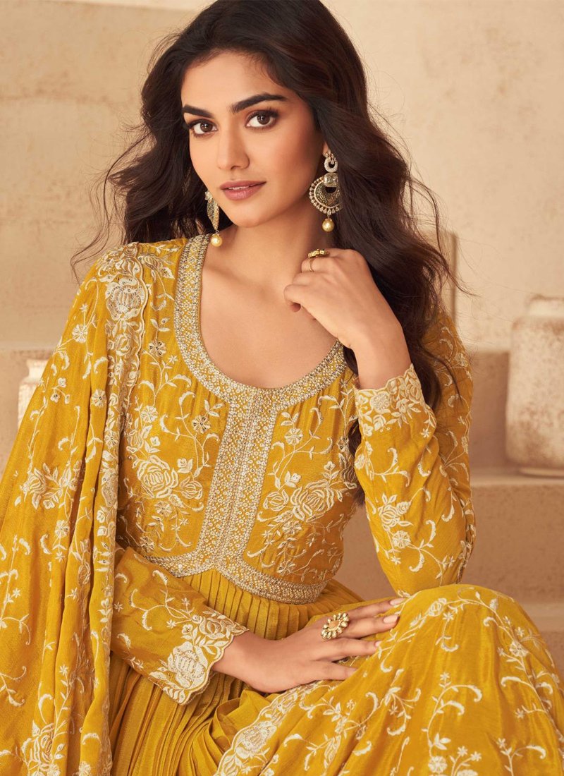 Beautifully embroidered anarkali style gown with dupatta in yellow