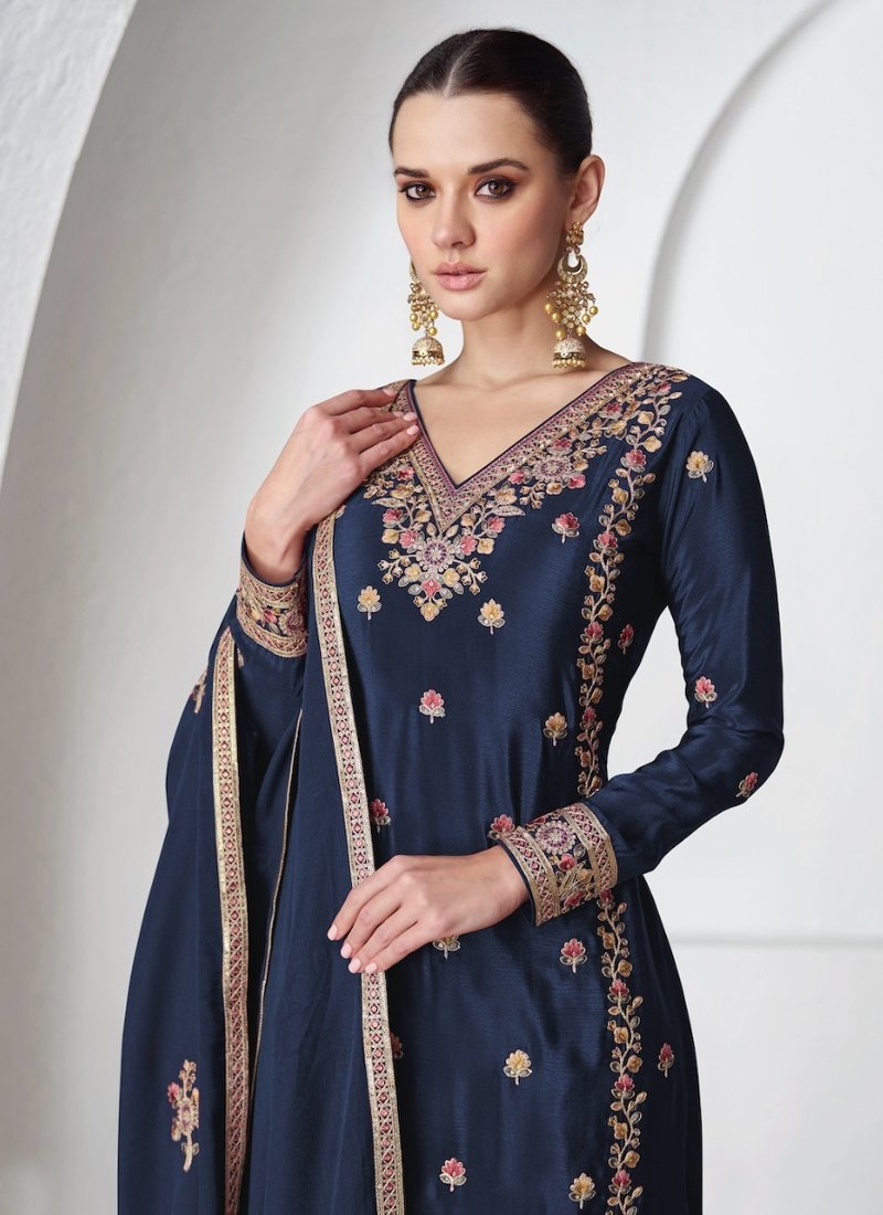 Premium Chinon silk Palazzo suit set in Blue