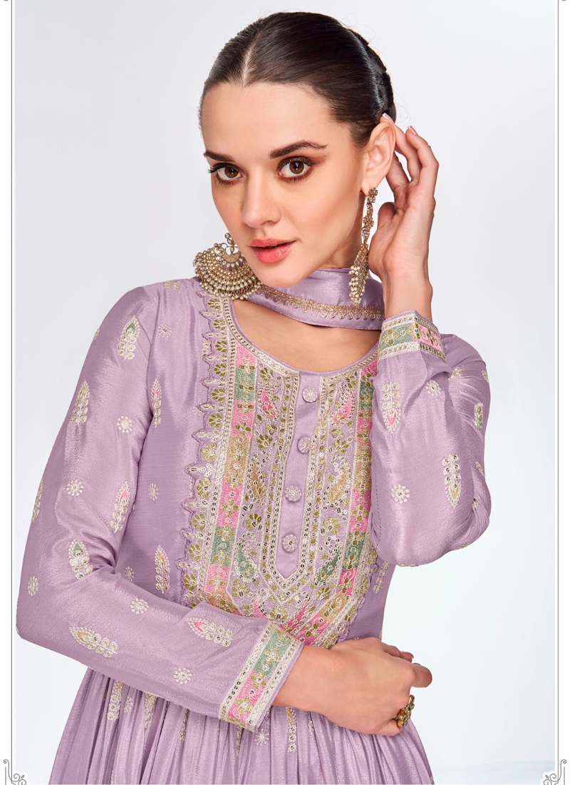 Pure Chinon Anarkali Suit in Lavender