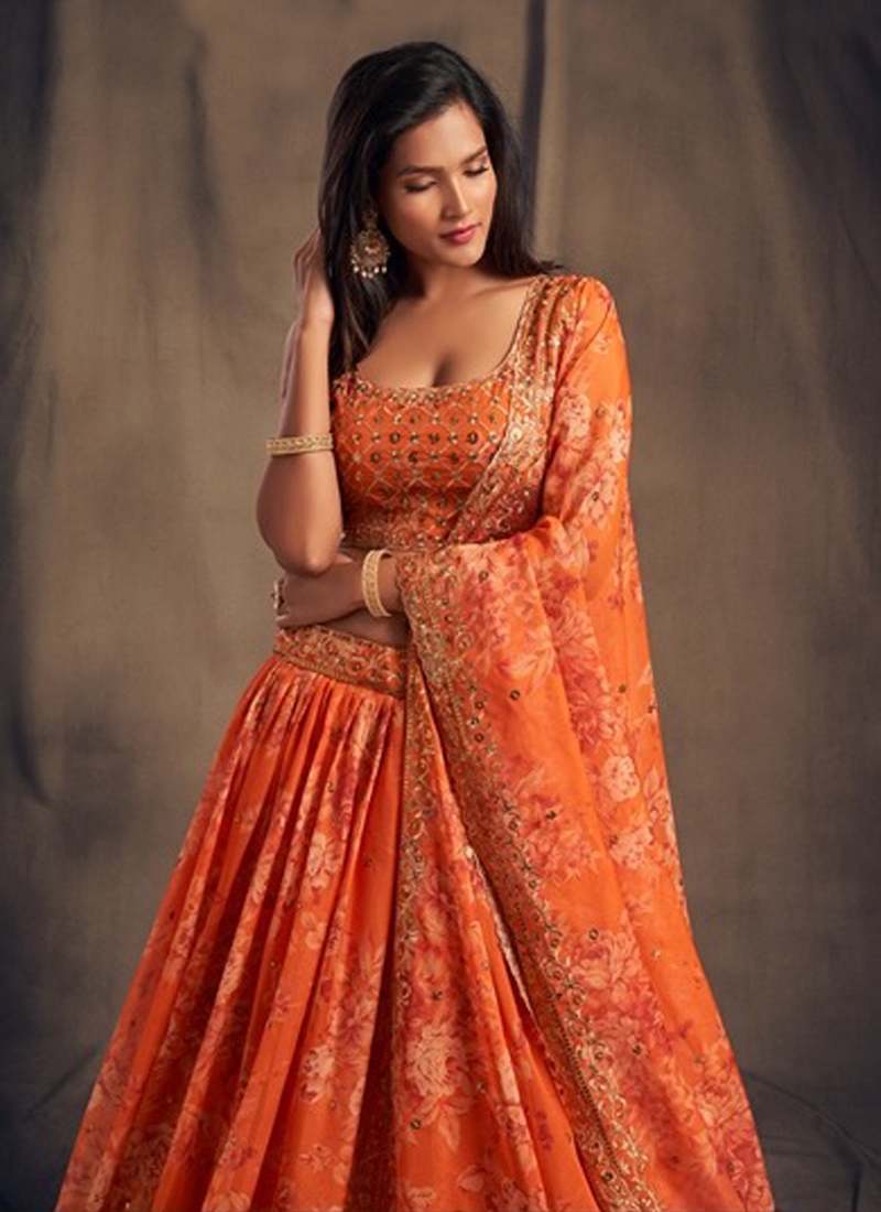 Ethinic Organza Lehenga in Orange