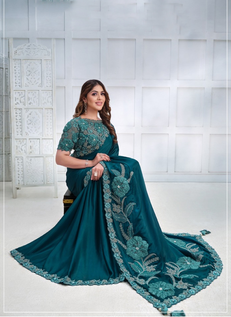 Designer partywear Crepe Satin Silk Saree in Green