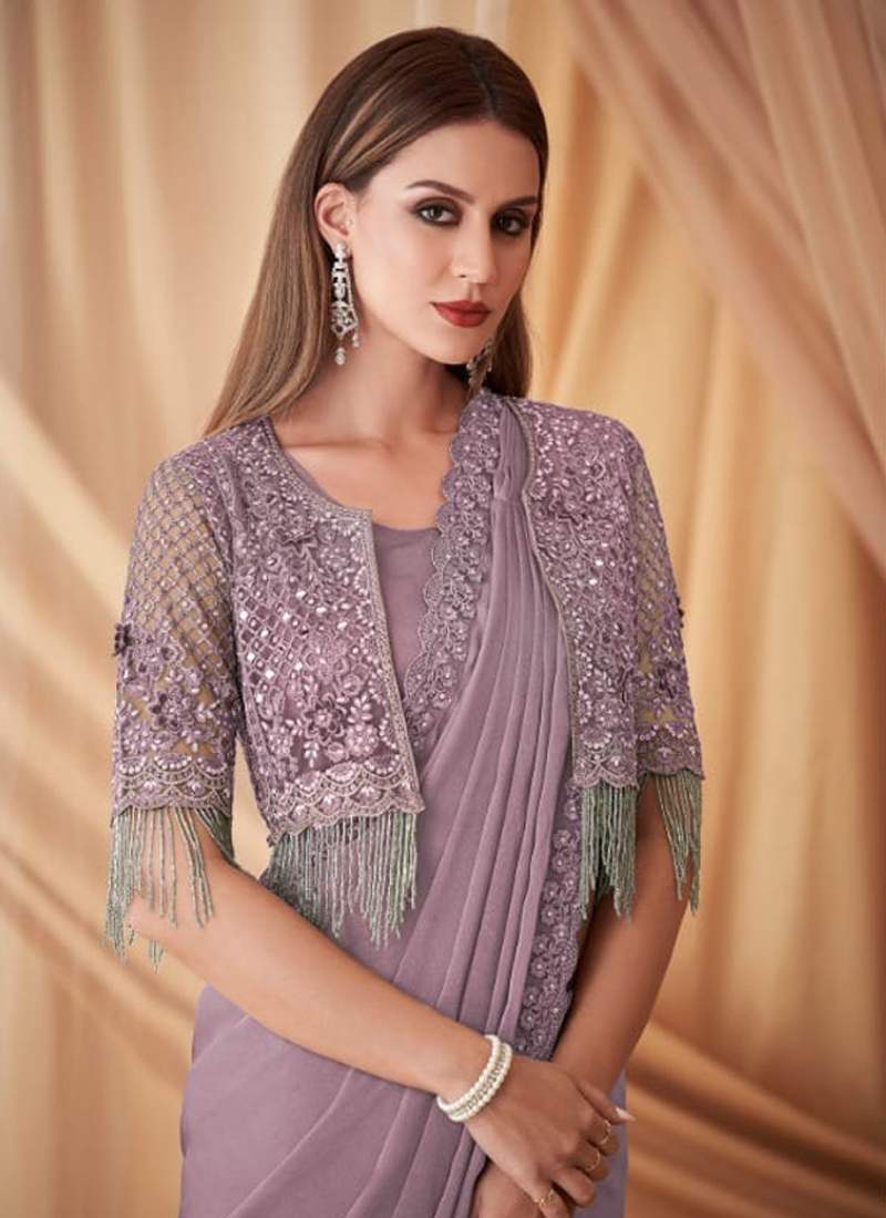 Mirror Embroidered Saree With Shrug in Lavender