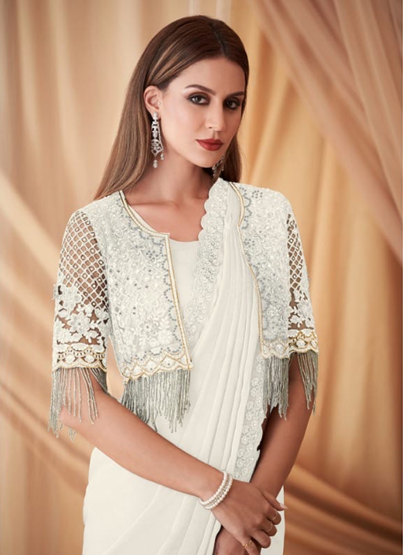 Mirror Embroidered Saree With Shrug in White