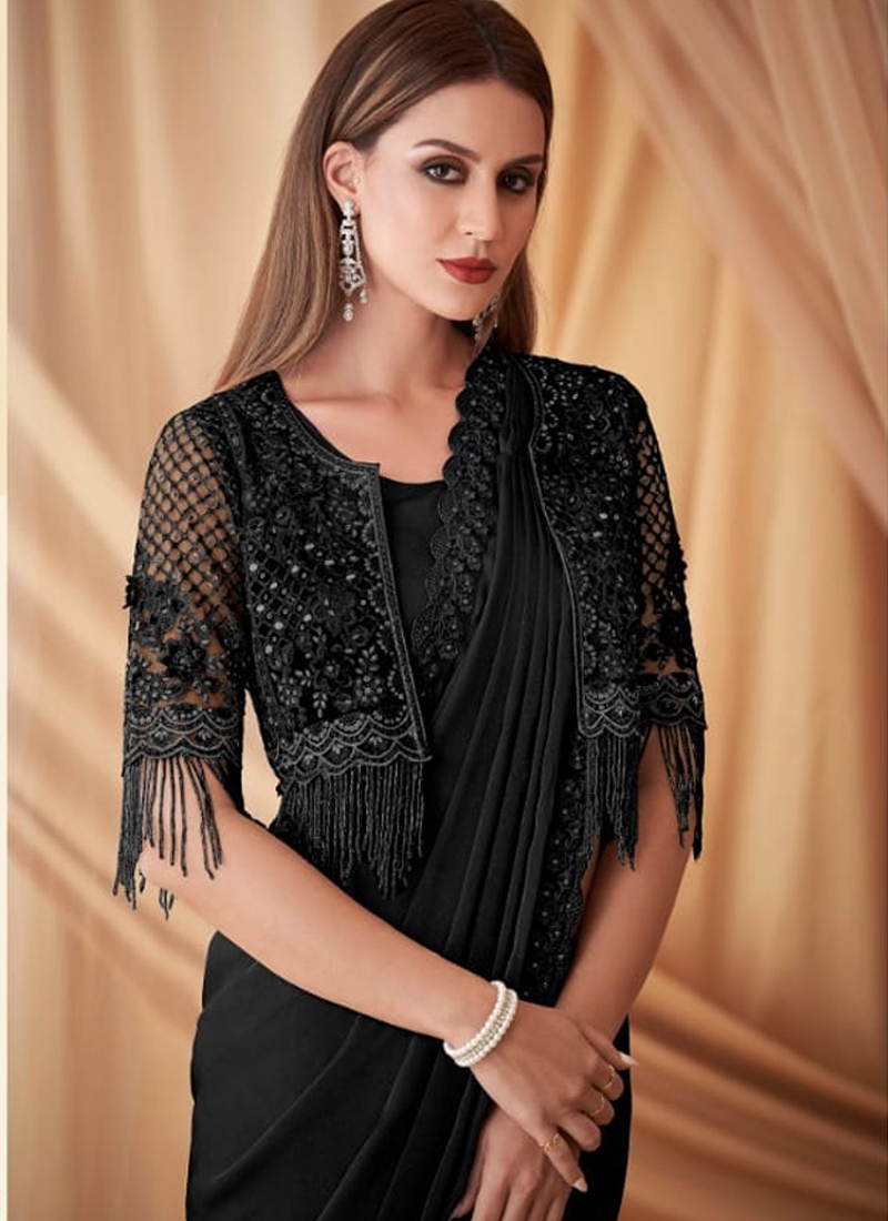 Mirror Embroidered Saree With Shrug in Black