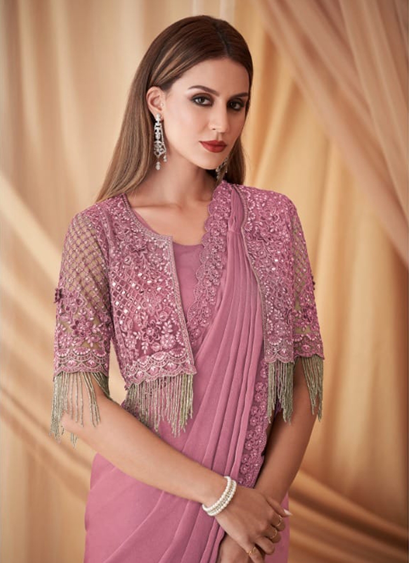 Mirror Embroidered Saree With Shrug in Pink