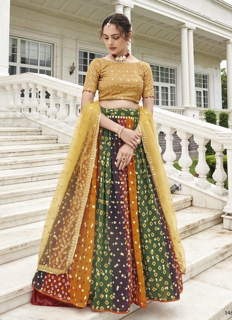 Georgette Fabric Amazing Digital Printed Lehenga in Golden