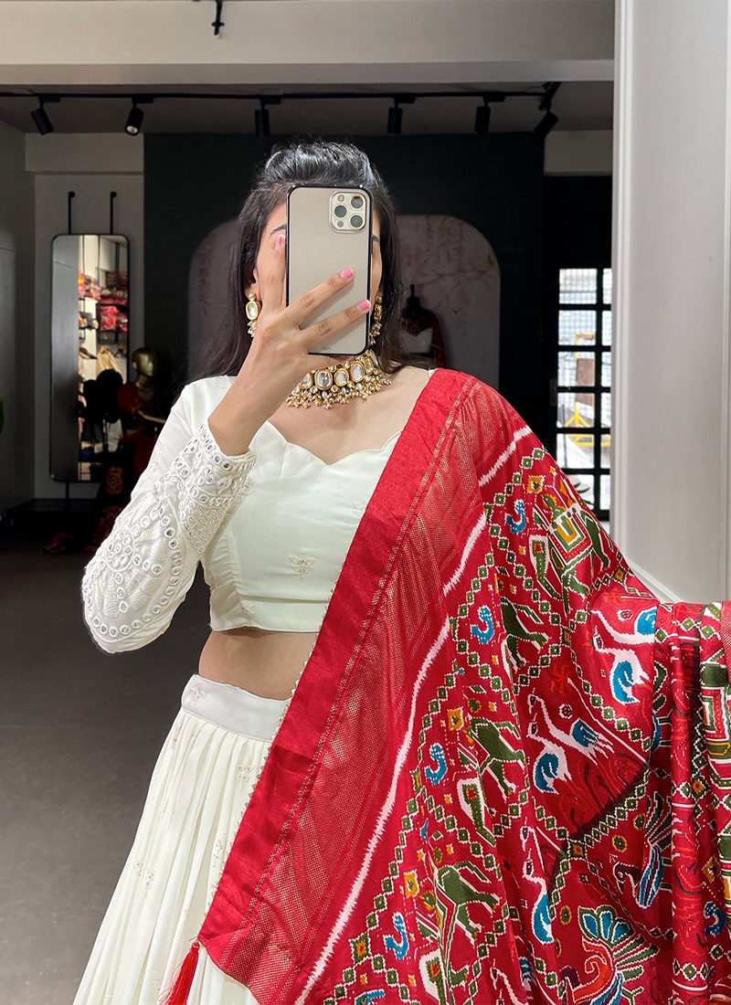 Lucknowi Paper Mirror Work Lehenga in Red