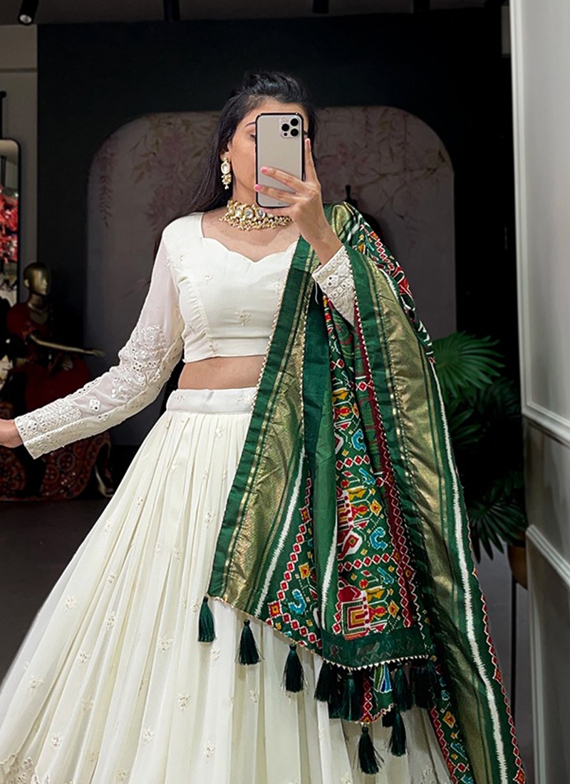 Lucknowi Paper Mirror Work Lehenga in Green