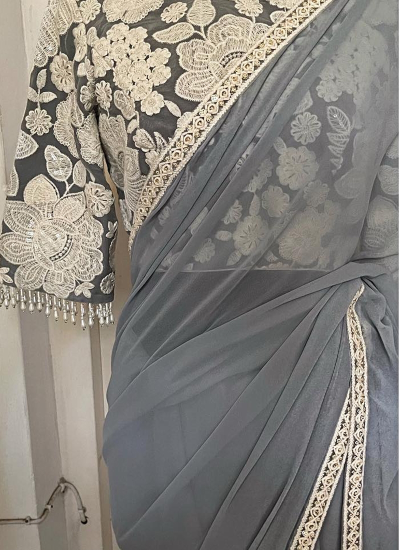 Partywear Georgette Saree With Designer Embroidery Lace Border in Grey