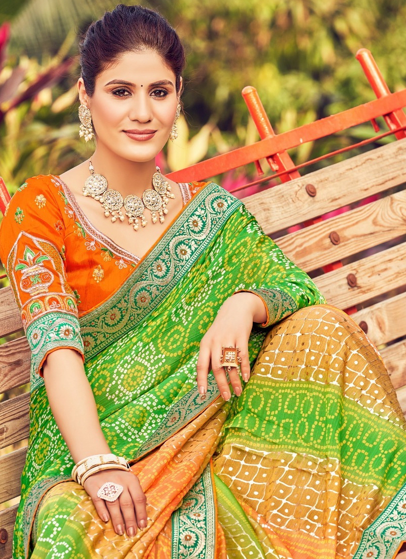 Women's traditional chiffon saree in Green