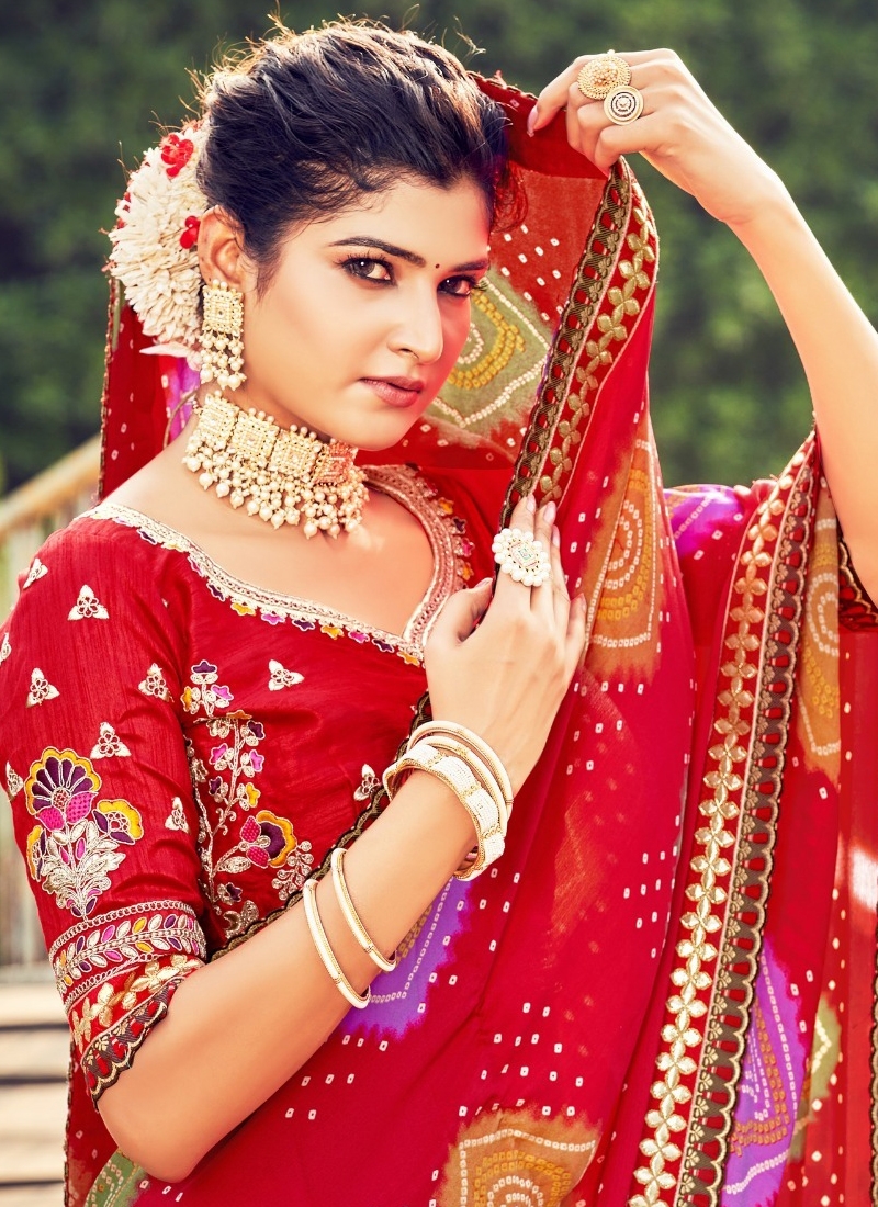 Women's traditional chiffon saree in Red