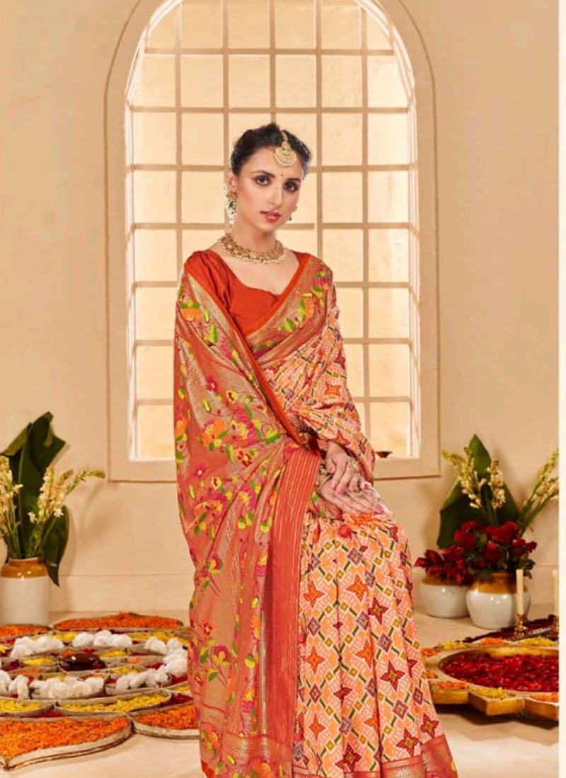 Indian classical silk saree with foil print in Orange