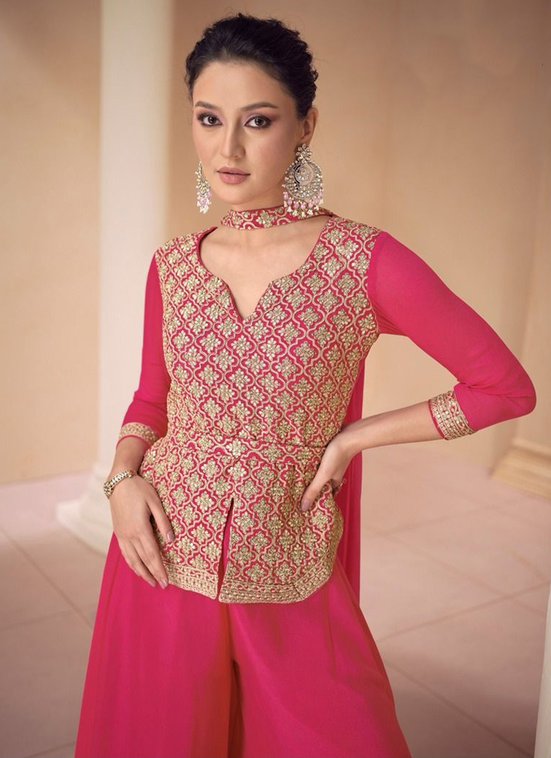 Embroidered georgette stunning crop top set in Rani Pink