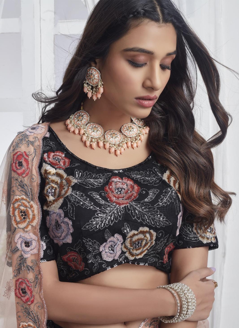 Designer soft netted lehenga with hand embroidery in Black