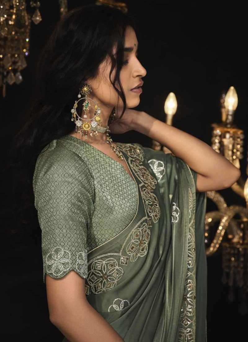 Pure silk saree with sequin, stone and zarkan work in mehndi Green