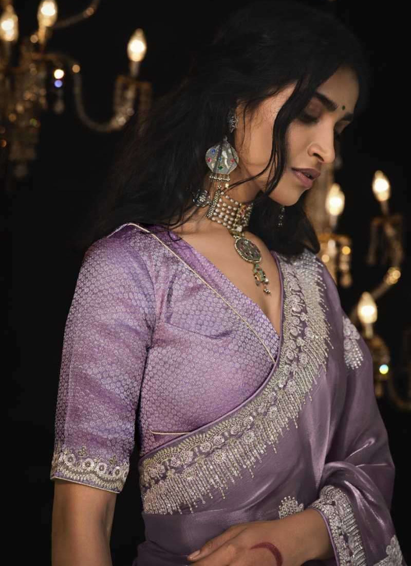 Pure silk saree with sequin, stone and zarkan work in Lavender