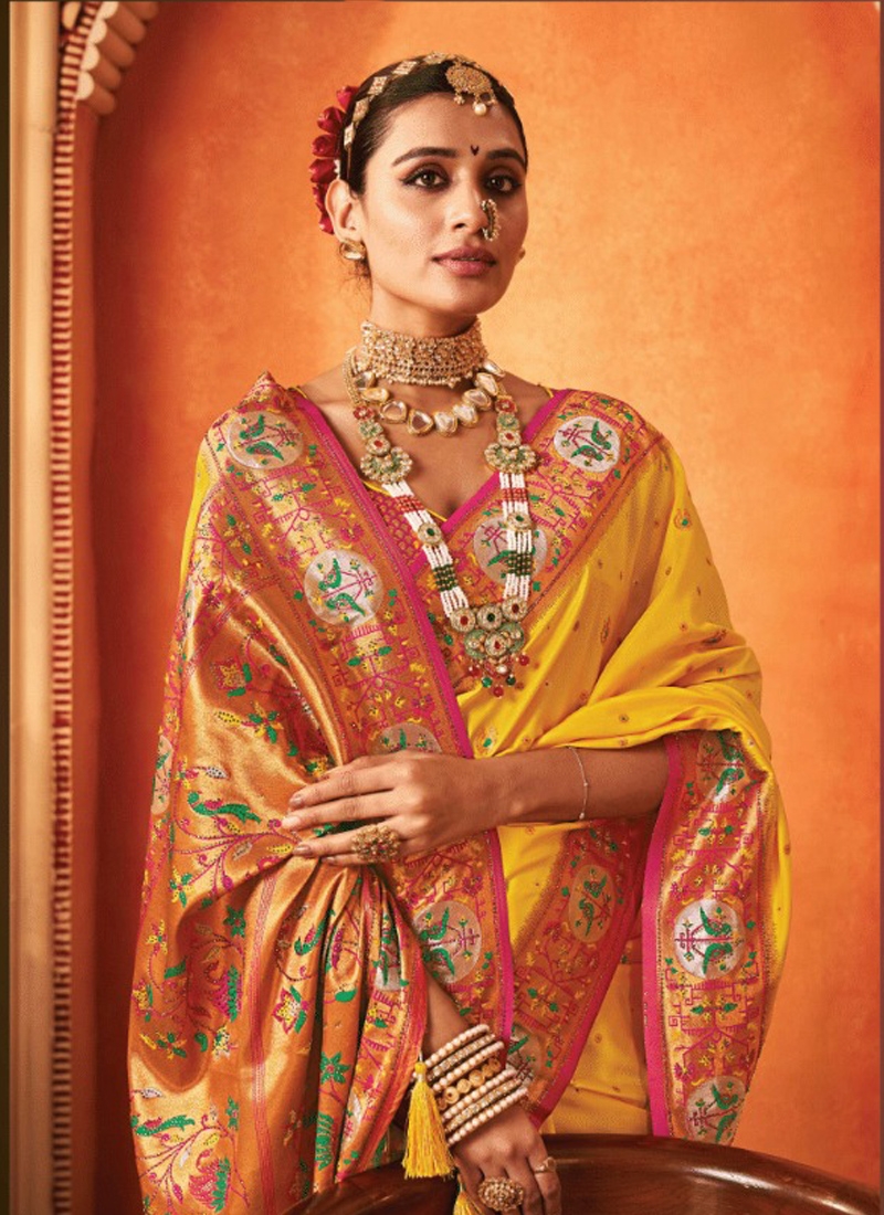 Banarasi silk saree with copper zari in Yellow